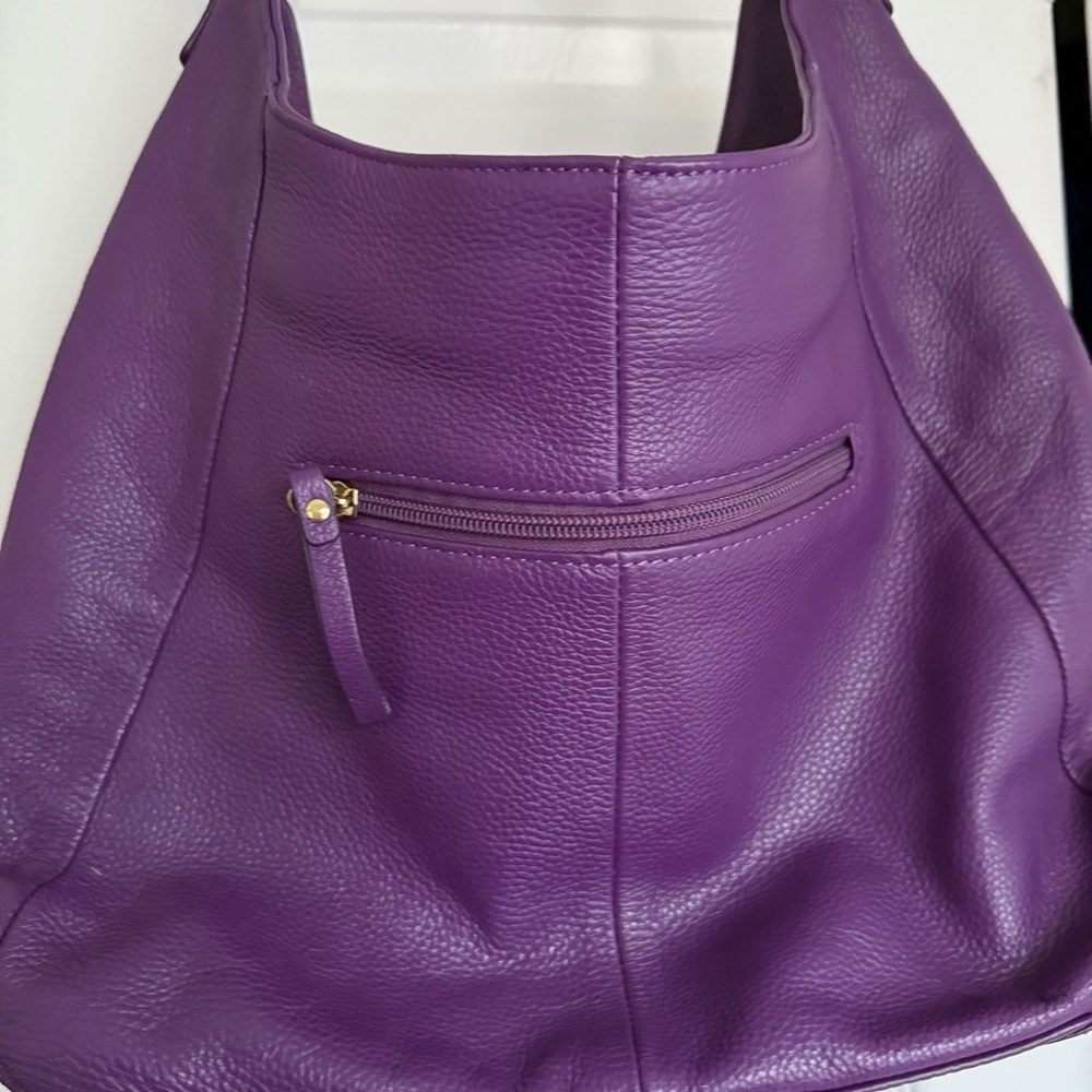 Ora Delphine Purple Pebbled Genuine Leather Two Zipper Purse Gold Hardware - Picture 6 of 12